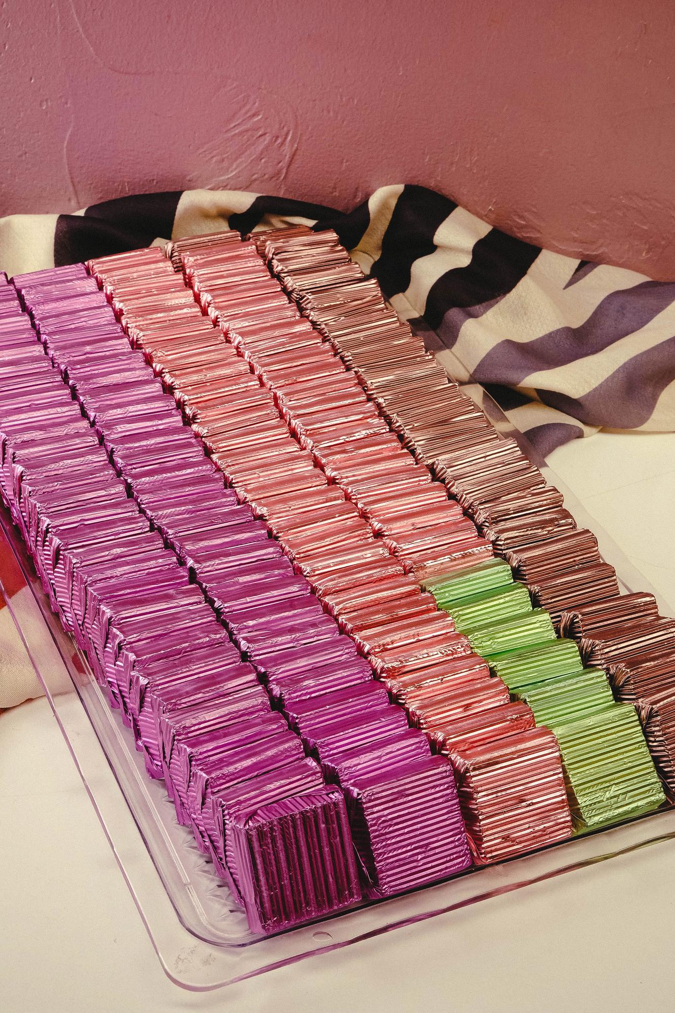 Stack of sample swatches and labels